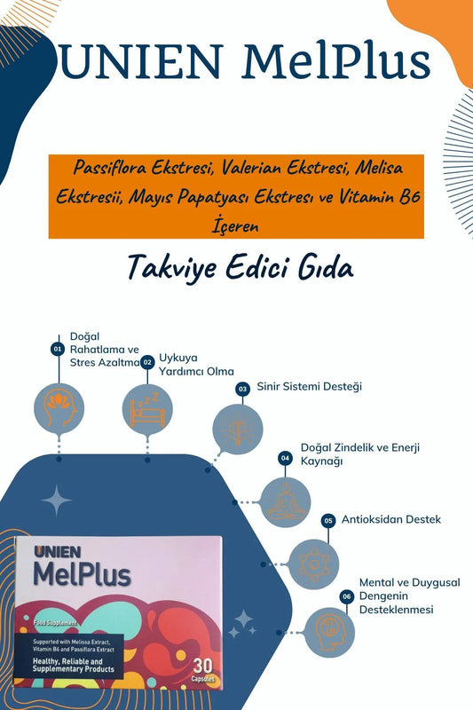 UNIEN Pharma Melplus 30 Kapsül/ Passiflora Valerian Melisa Papatya Vitamin B6 içeren Takviye Edici Gıda
