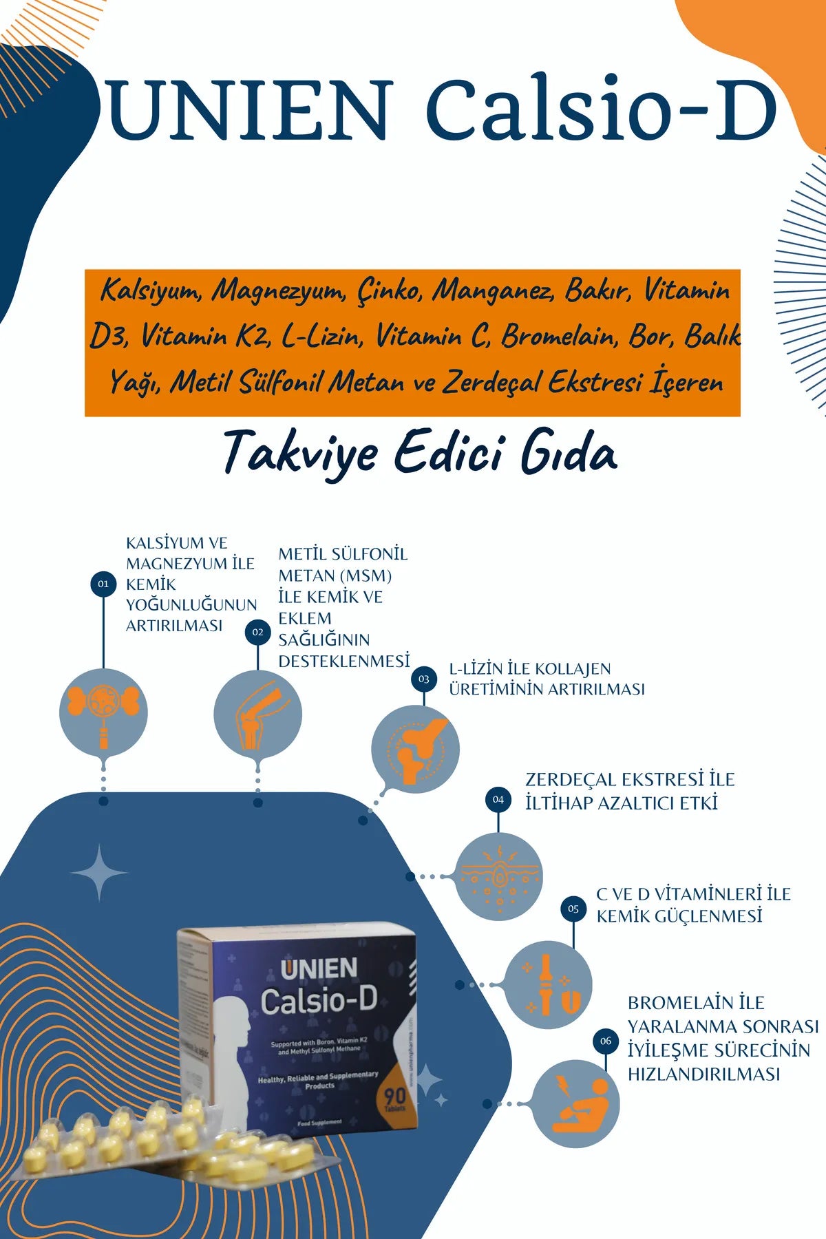 Calsio-d 90 Tablet/kalsiyum Magnezyum Çinko L-lizin Bromelain Vitamin Içeren Takviye Edici Gıda