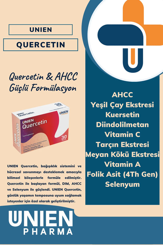 UNIEN Pharma UNIEN Quercetin/AHCC, Diindolilmetan, Kuersetin, Folik Asit ve Selenyum İçeren Takviye Edici Gıda