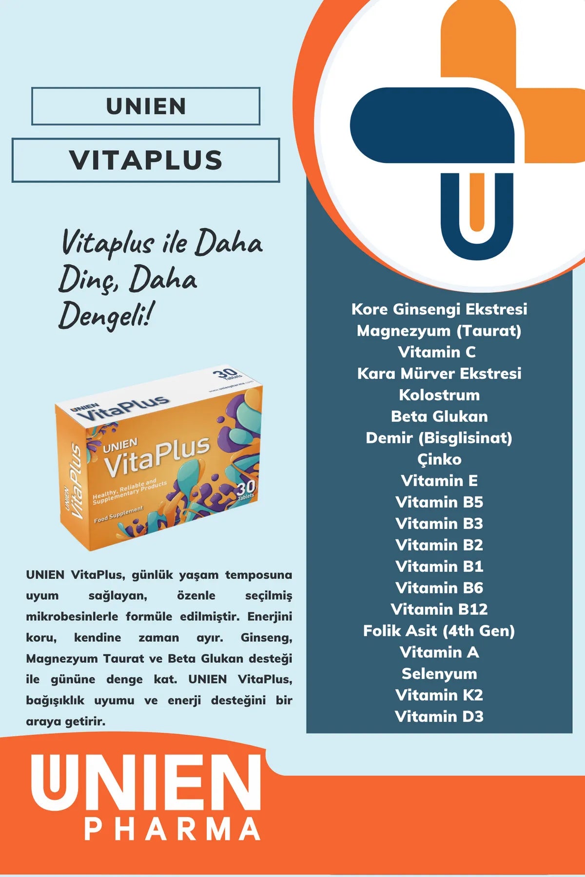 UNIEN Pharma UNIEN VitaPlus/Kore Ginsengi Ekstresi, Kolostrum, Multivitamin ve Mineralli Takviye Edici Gıda