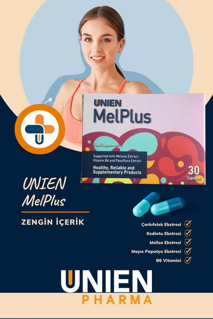 UNIEN Pharma Melplus 30 Kapsül/ Passiflora Valerian Melisa Papatya Vitamin B6 içeren Takviye Edici Gıda