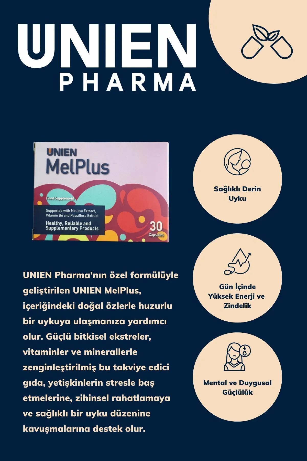 UNIEN Pharma Melplus 30 Kapsül/ Passiflora Valerian Melisa Papatya Vitamin B6 içeren Takviye Edici Gıda