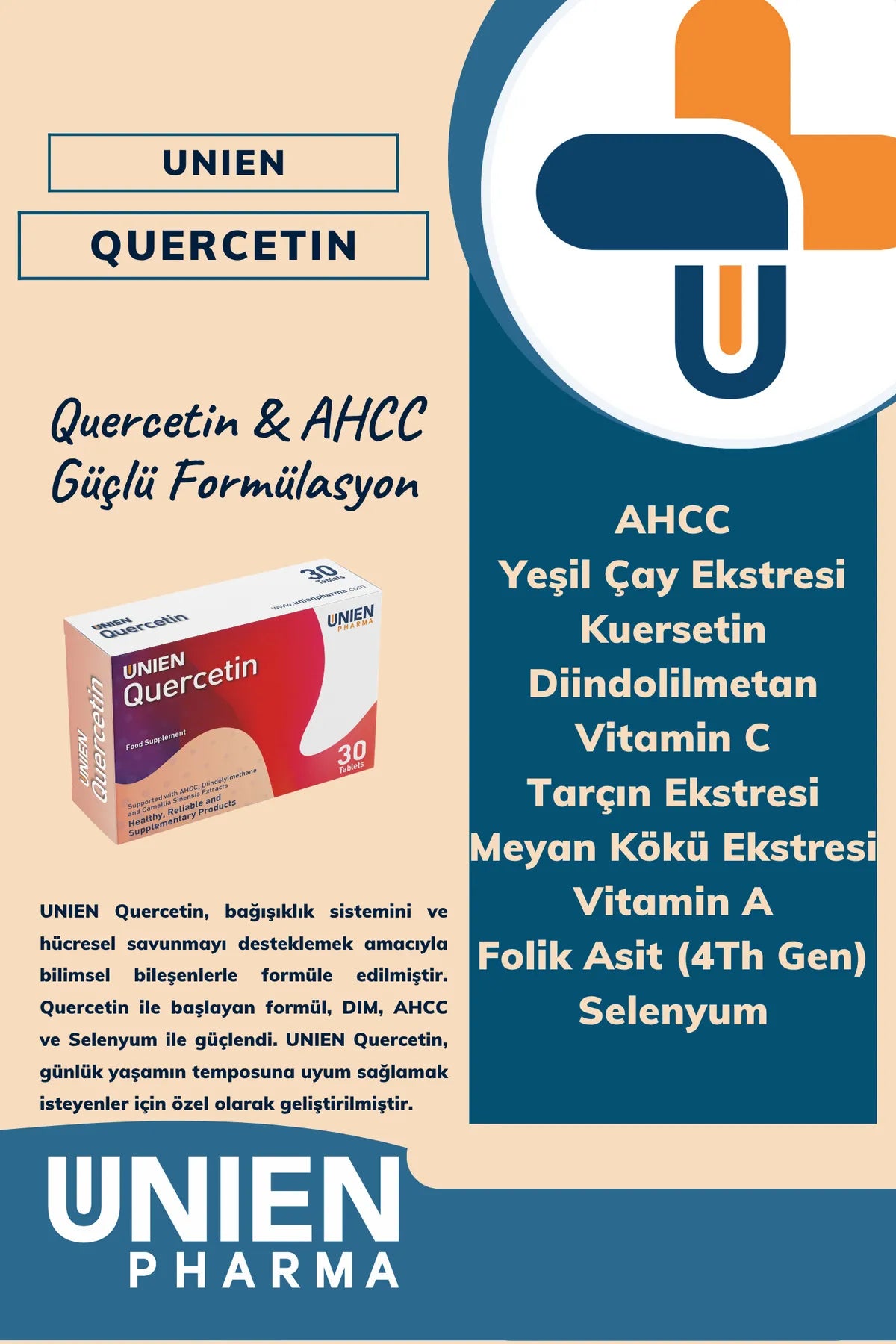 UNIEN Pharma UNIEN Quercetin/AHCC, Diindolilmetan, Kuersetin, Folik Asit ve Selenyum İçeren Takviye Edici Gıda