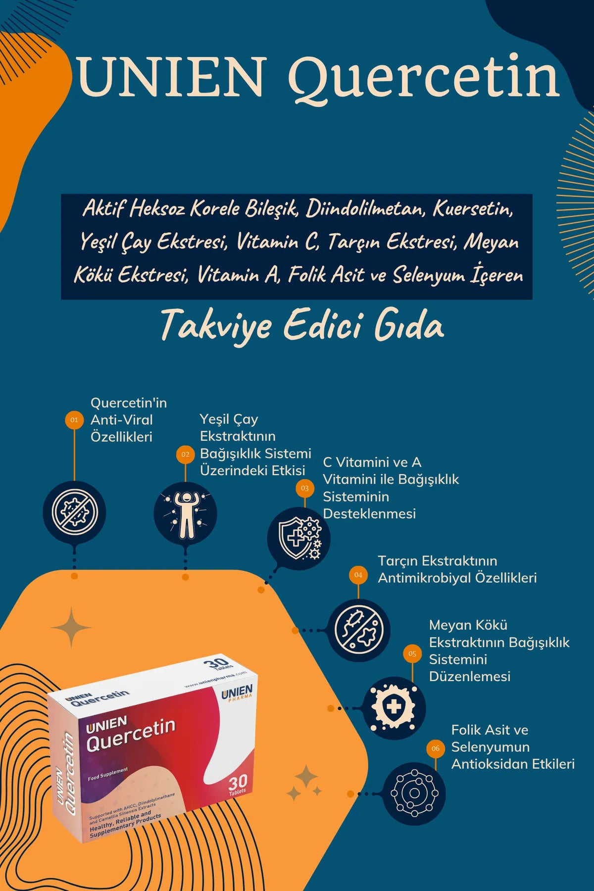 UNIEN Pharma UNIEN Quercetin/AHCC, Diindolilmetan, Kuersetin, Folik Asit ve Selenyum İçeren Takviye Edici Gıda