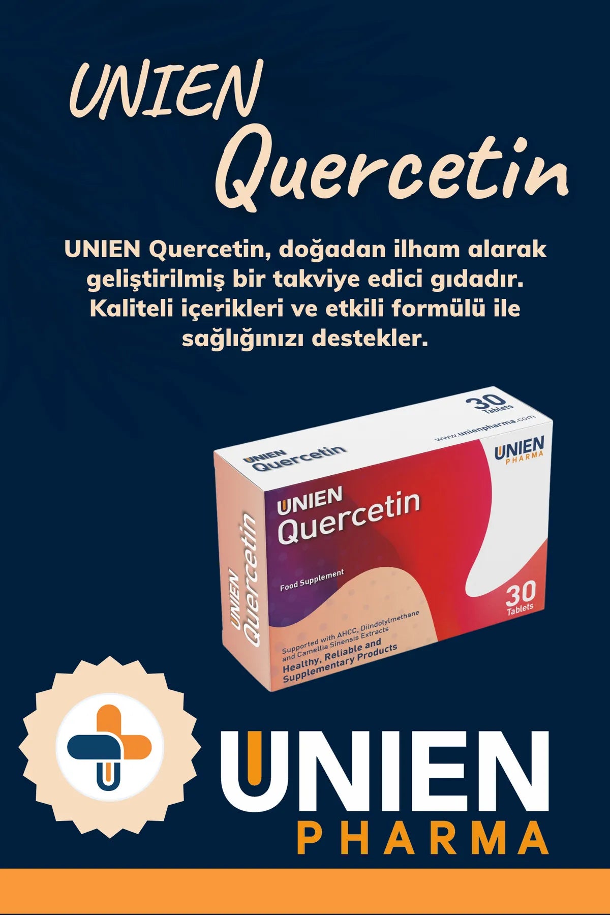 UNIEN Pharma UNIEN Quercetin/AHCC, Diindolilmetan, Kuersetin, Folik Asit ve Selenyum İçeren Takviye Edici Gıda