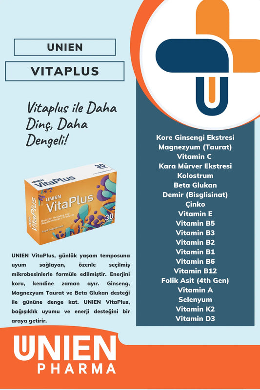 UNIEN Pharma UNIEN VitaPlus/Kore Ginsengi Ekstresi, Kolostrum, Multivitamin ve Mineralli Takviye Edici Gıda